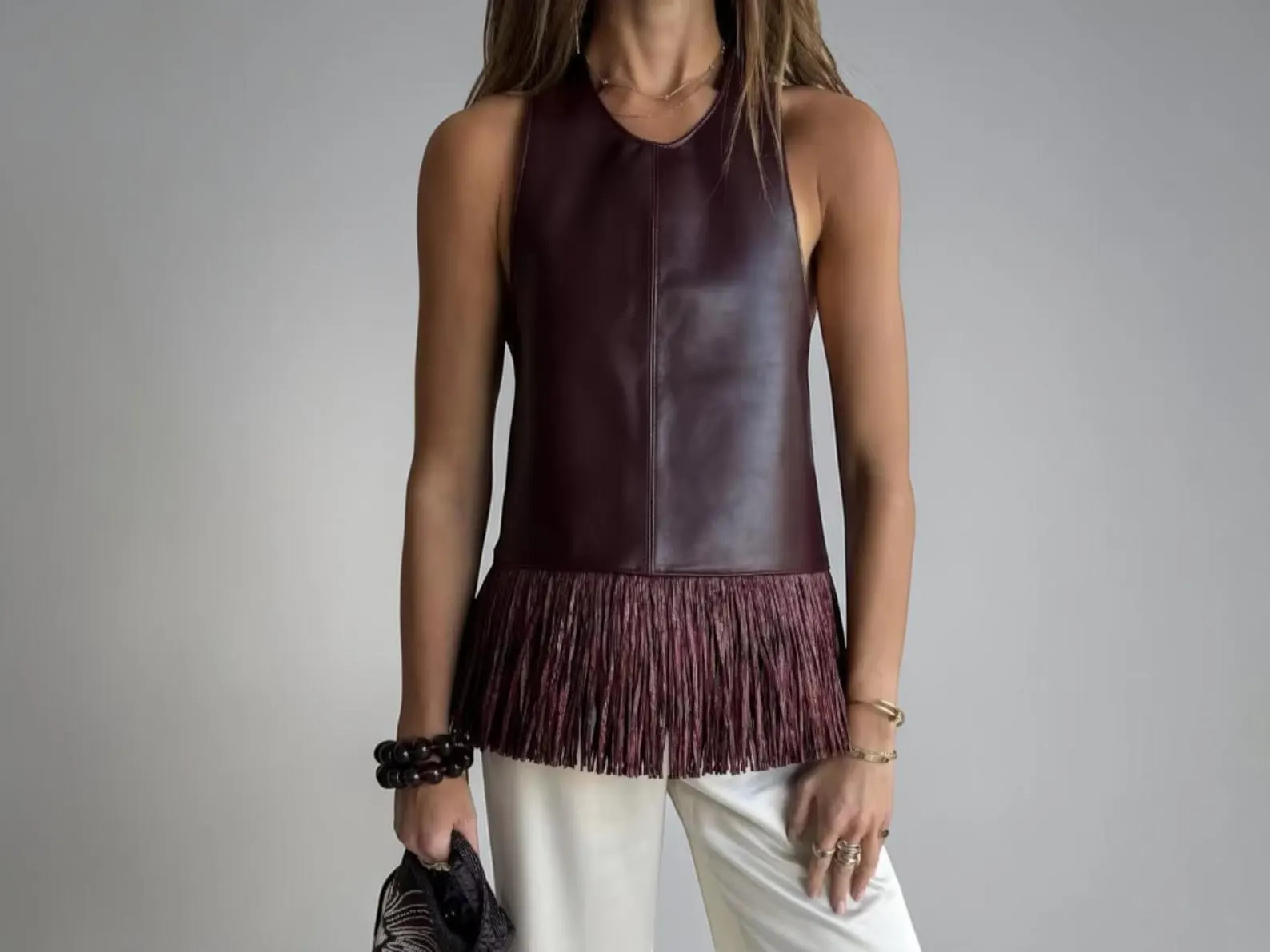 Burgundy Halter Fringe Leather Vest - Y2K Backless PU Leather Tank - Tassel Western Streetwear To... | Etsy (Global)