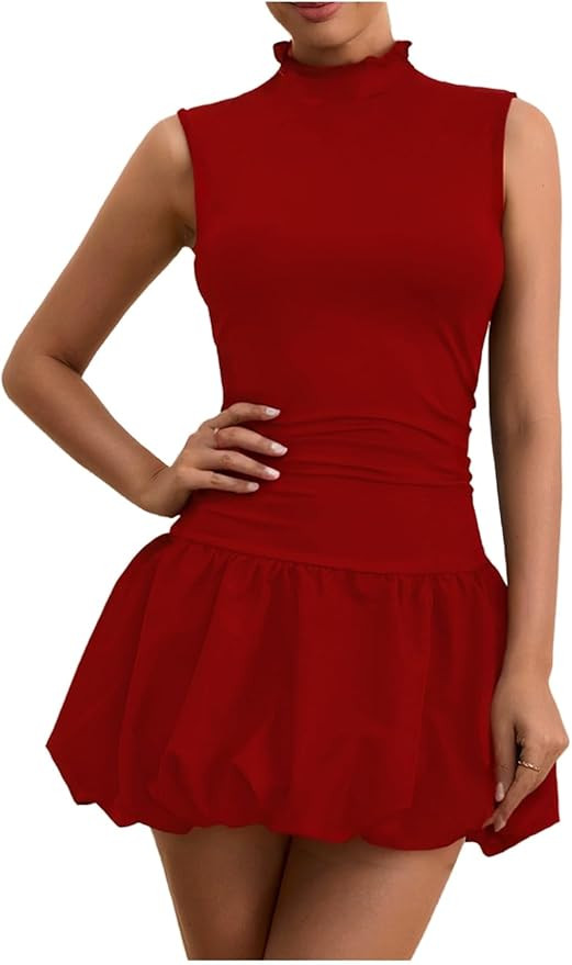 Milumia Women's Bubble Mini Dress Mock Neck Sleeveless Balletcore Puffy Short Party Dresses | Amazon (US)