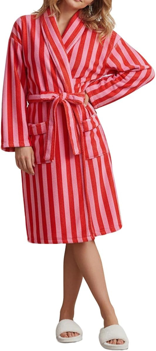 SOLILOQUY Women Soft Plush Robe Long Sleeve Lapel Striped Fuzzy Bathrobe Y2K Fleece Robe with Poc... | Amazon (US)