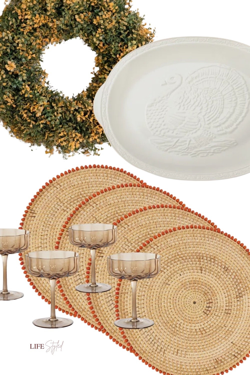 Setting the scene for the perfect Thanksgiving or Friendsgiving ✨ Rattan placemats, hand-blown coupe glasses, a glowing autumn wreath, and the prettiest turkey platter — the makings of a warm, welcoming tablescape everyone will remember 🦃🍂

#LTKSeasonal #LTKHome #LTKfoodie
