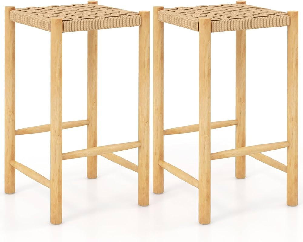 COSTWAY Wooden Bar Stools Set of 2, Rustic 26-inch Counter Height Dining Stools with Rubber Wood ... | Amazon (US)
