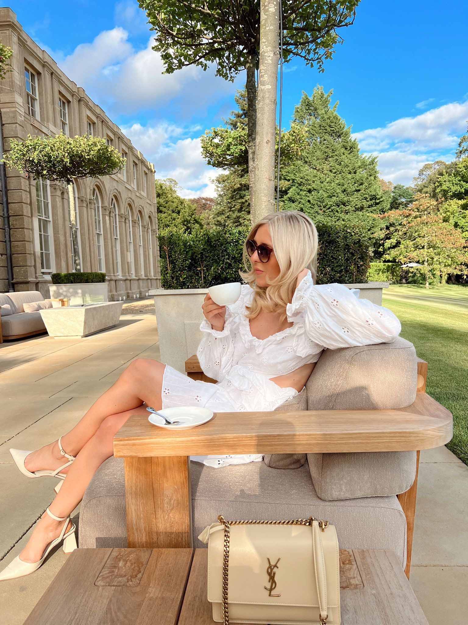 Ysl sunset bag - gucci sunglasses - White mini dress ASOS - Karen Millen - river island heels