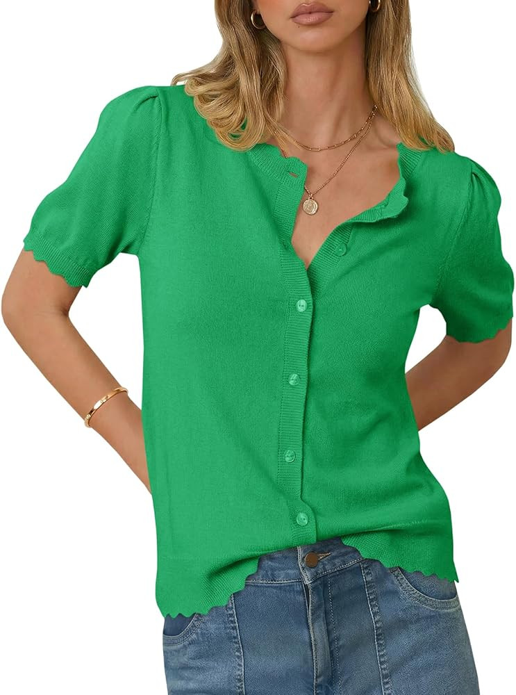 Saodimallsu Womens Puff Short Sleeve Cardigans Lightweight Button Down Shirts Crew Neck Casual Kn... | Amazon (US)