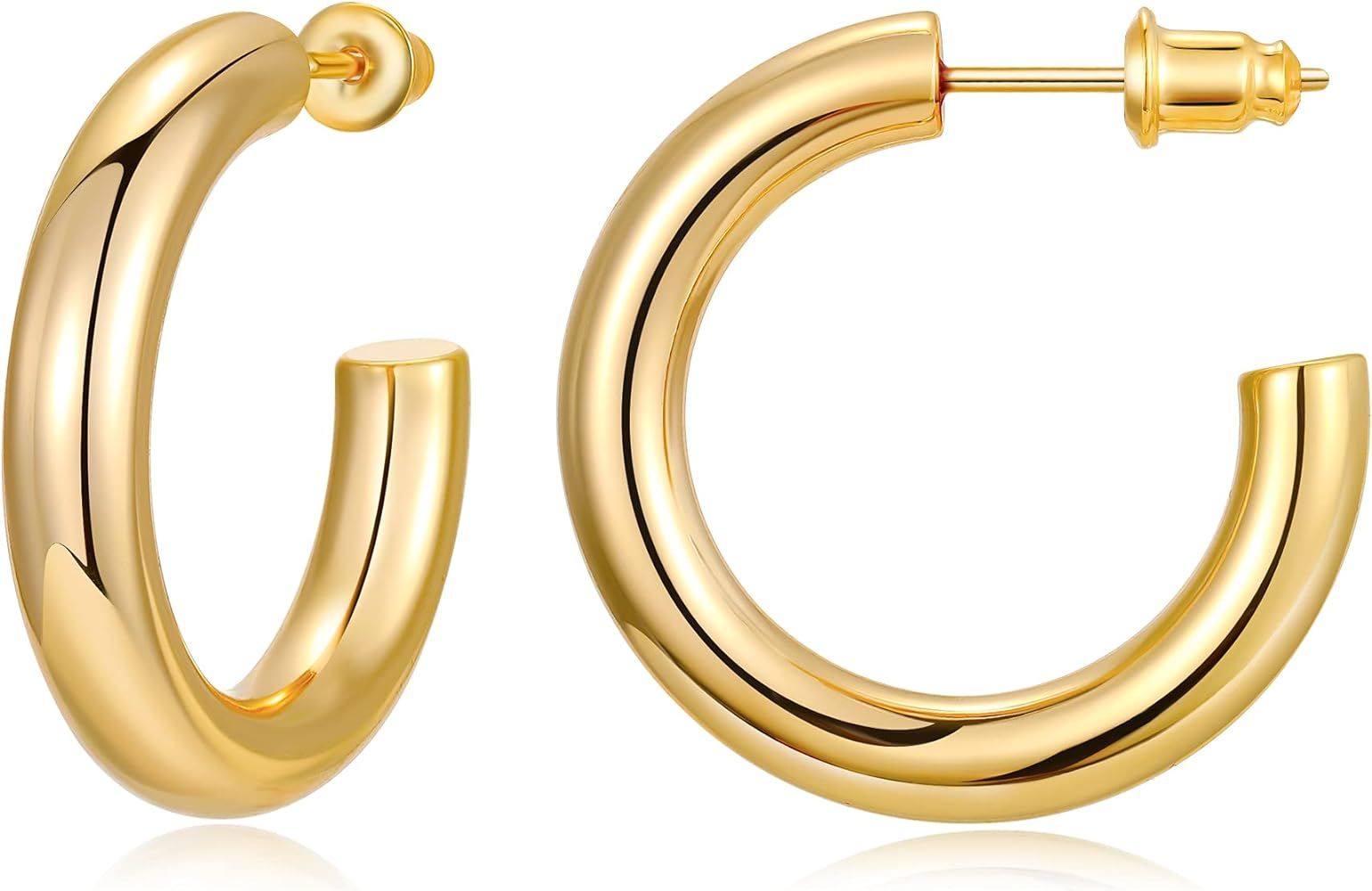 Gacimy Chunky Gold Hoop Earrings for Women 14K Real Gold Plated, 925 Sterling Silver Post Gold Hoops | Amazon (US)