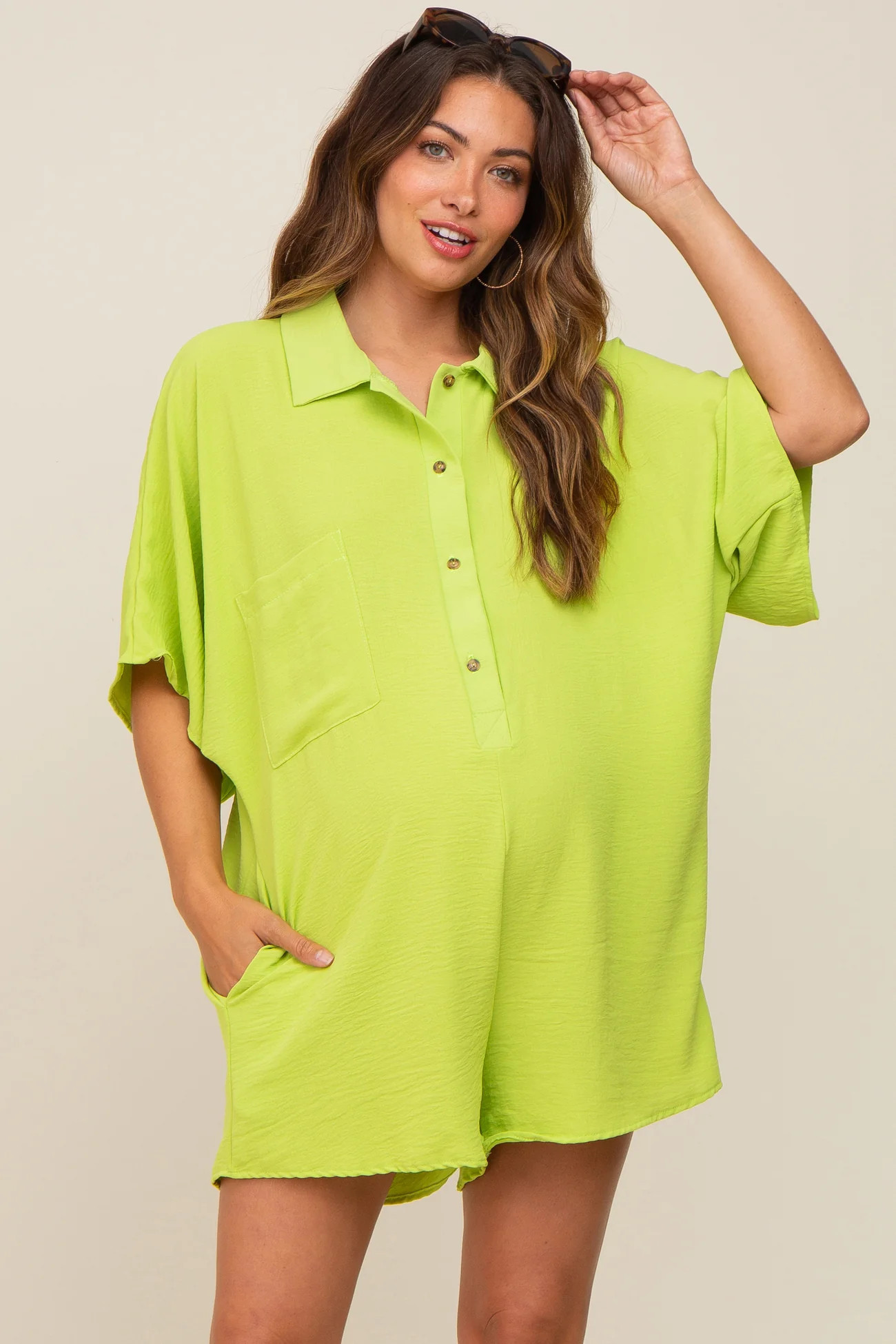 Lime Collared Front Button Maternity Romper | PinkBlush Maternity