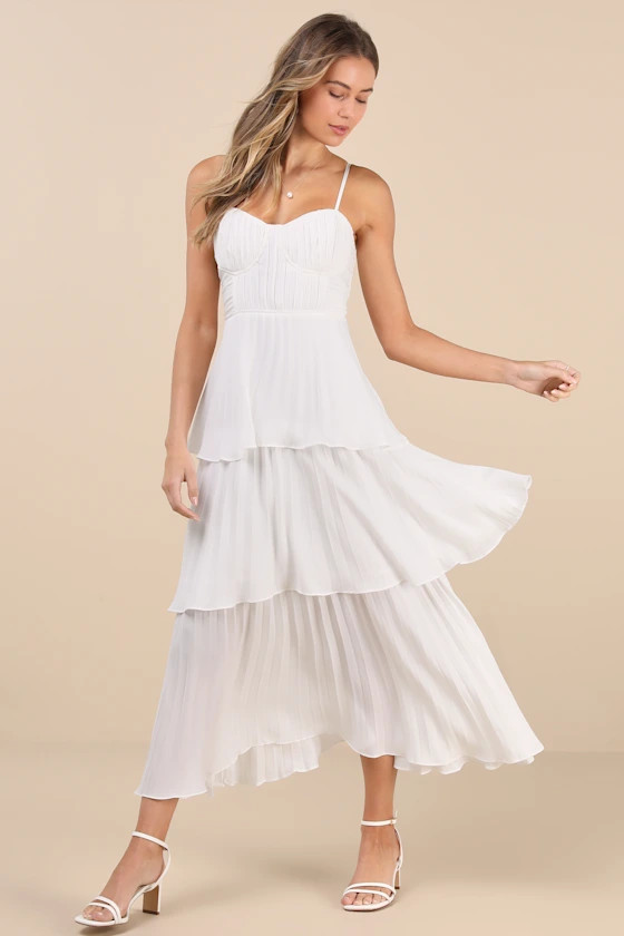 Cascading Crush White Tiered Bustier Midi Dress | Lulus