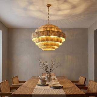 aiwen Boho 30.7 in. 5-Light 7-Tier Gold Hand-Woven Rattan Wicker Chandelier with Large Paper Shad... | The Home Depot