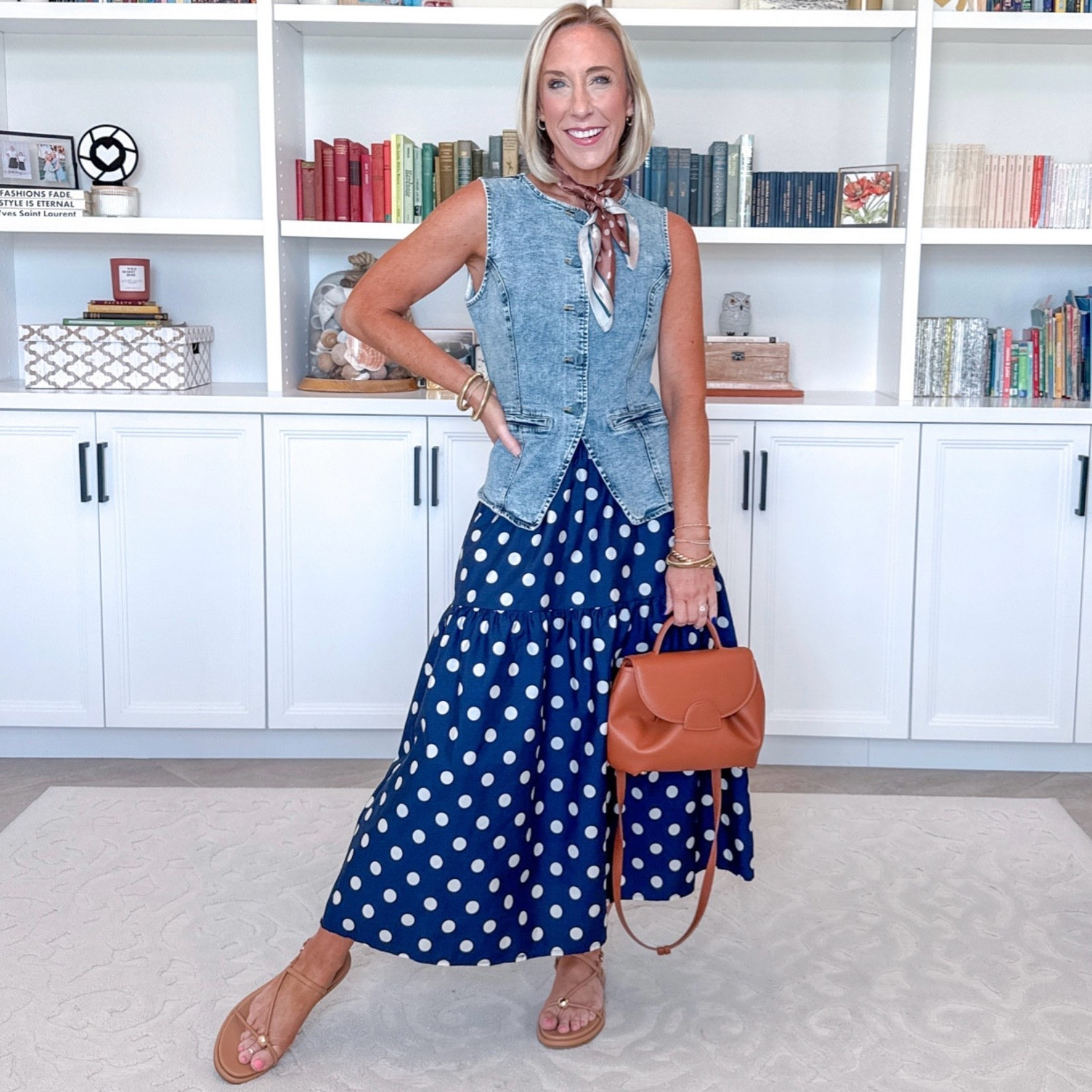 One polka skirt - styled 8 ways: • Midi skirt - size XS. Not lined but not see through. Elastic waistband and pockets! Denim vest - size Small.

#LTKootd #LTKSeasonal #LTKOver40