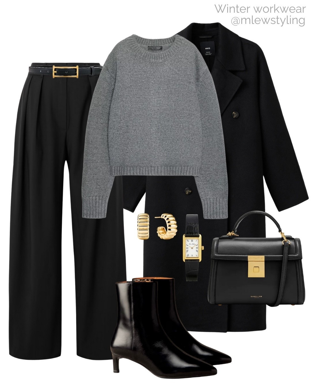 Chic winter office outfit 🖤

Tags: workwear, mango viral wool coat, Zara grey crewneck sweater, tailored black pants, the Frankie shop trousers, sezane ankle boots, gold hoop earrings, DeMellier handbag, black leather watch, neutral aesthetic, capsule wardrobe basics 

#LTKootd #LTKHoliday #LTKWorkwear