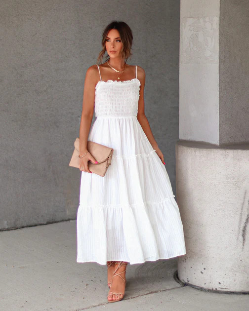 Zoey Smocked Tiered Maxi Dress - White - SALE | VICI