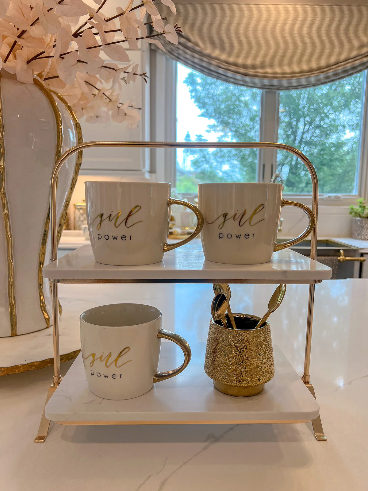 Gold Metal & White Marble Two Tiered Stand | Inspire Me! Home Decor