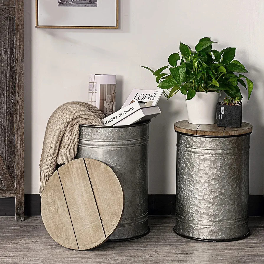 oneinmil Rustic Storage Bins Farmhouse End Table Farmhouse Furniture Galvanized Metal Stool Ottom... | Amazon (US)