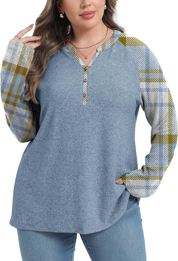 OLRIK Plus Size Tops for Women 2025 Fall Plaid Long Sleeve Henley Shirts Casual V Neck Button Tun... | Amazon (US)