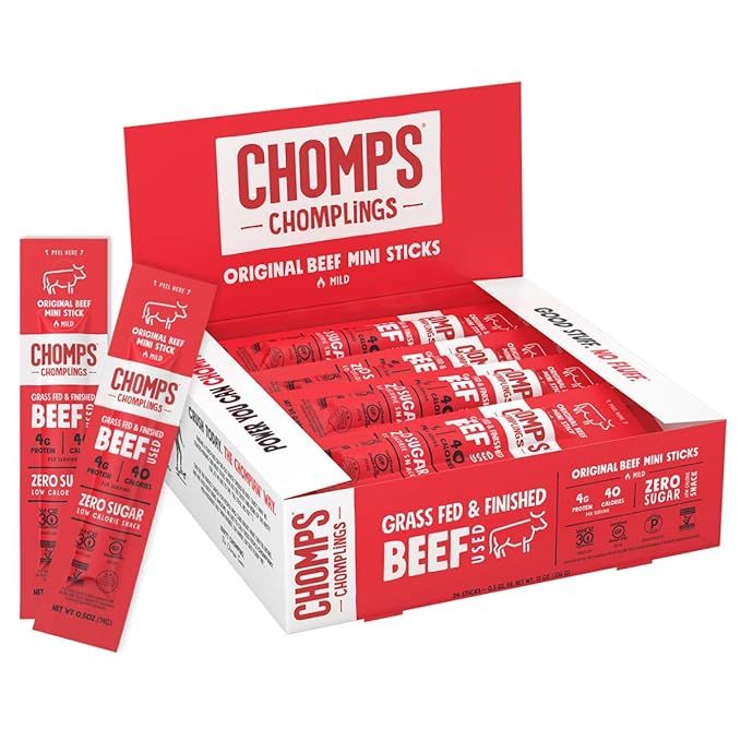 CHOMPS MINI Grass Fed Beef Jerky Meat Snack Sticks, Keto, Paleo, Whole30 Approved, Sugar Free, Lo... | Amazon (US)