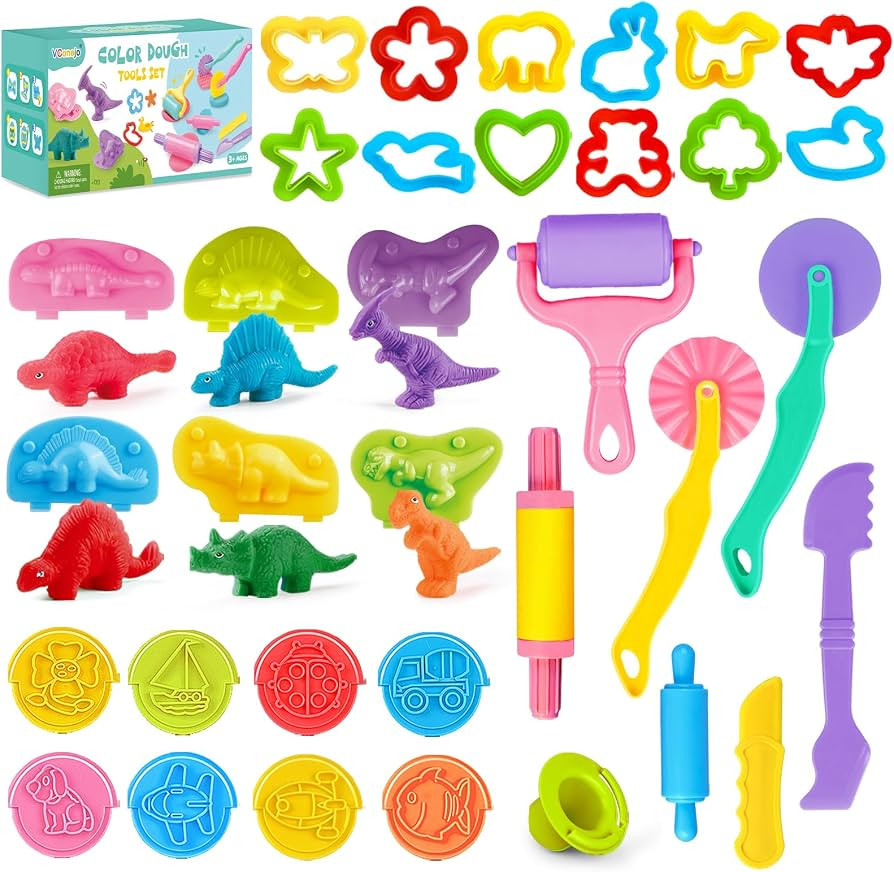 34Pcs Dough Tools Play Set with Dino Molds Animal Cutters Stamps Rollers | Amazon (US)