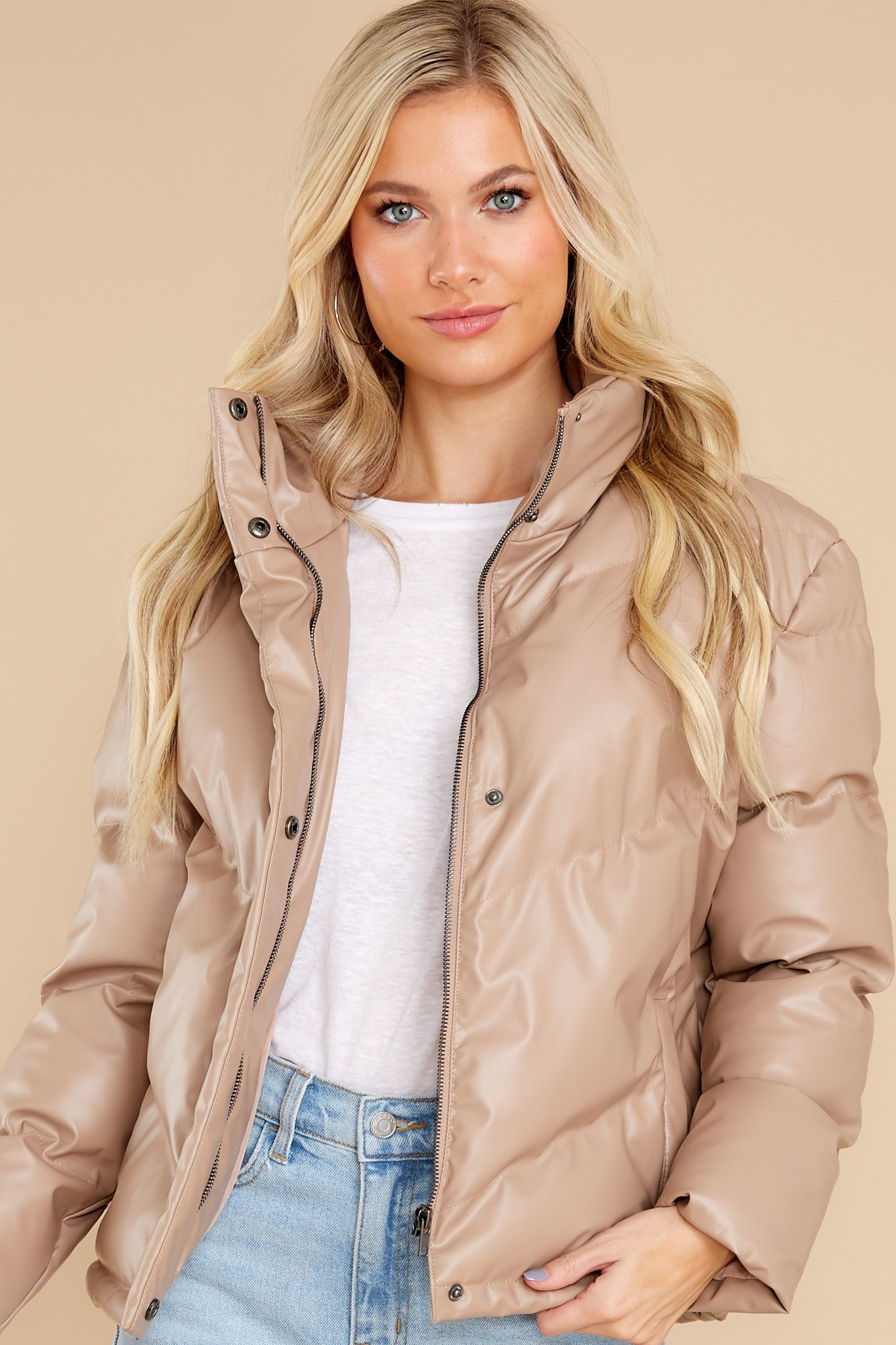 BB Dakota Downtown Tan Faux Leather Puffer Jacket | Red Dress 