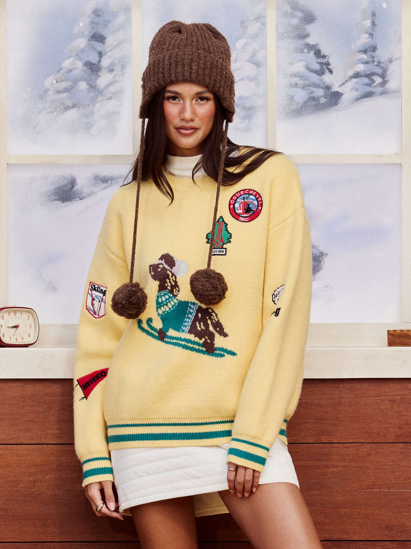 Knit Fabric Knit Round Neck Dog Skiing Pattern Oversized Sweater For Daily Casual | Cider