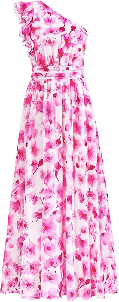 BTFBM Women Summer One Shoulder Floral Wedding Guest Dresses Sleeveless Smocked Ruffle Flowy Beac... | Amazon (US)