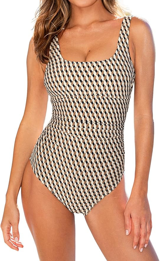 CUPSHE Women's One Piece Swimsuit Square Neck Bathing Suit Wide Straps Back Hook Cutout Ruched Sw... | Amazon (US)