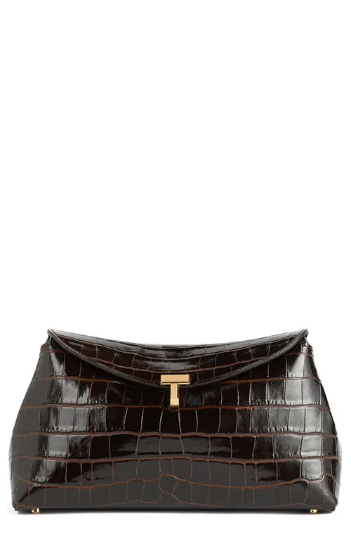 TOTEME T-Lock Croc Embossed Leather Clutch in Dark Brown at Nordstrom | Nordstrom