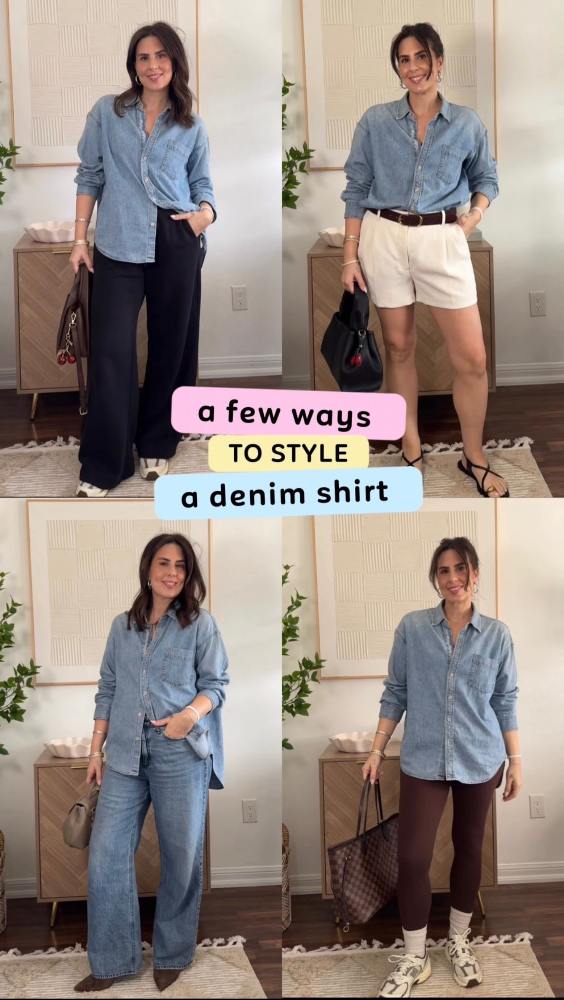 Styling a denim shirt 

Denim shirt - S
Joggers - M
Leggings - L
shorts - Mini/12