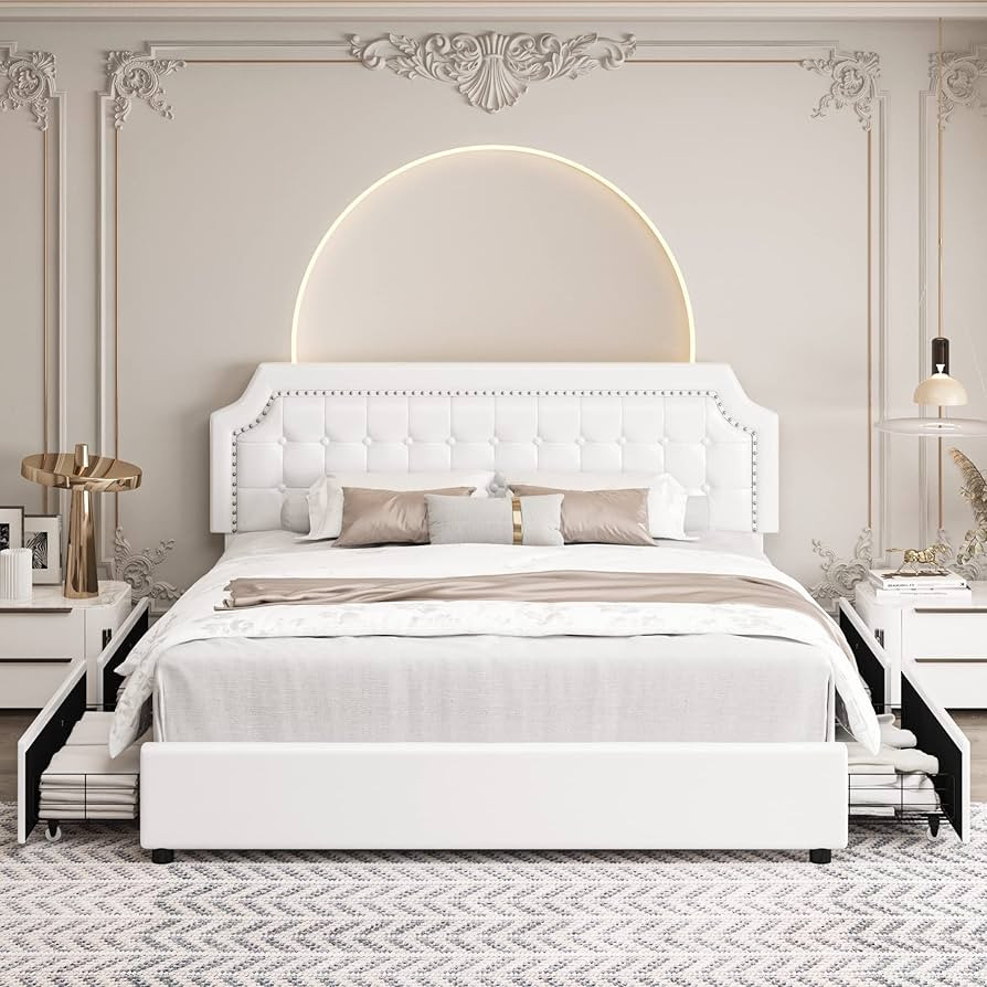 Queen Bed Frame with Storage and Adjustable Headboard, Bed Frame with 4 Drawers and Wooden Slats ... | Amazon (US)