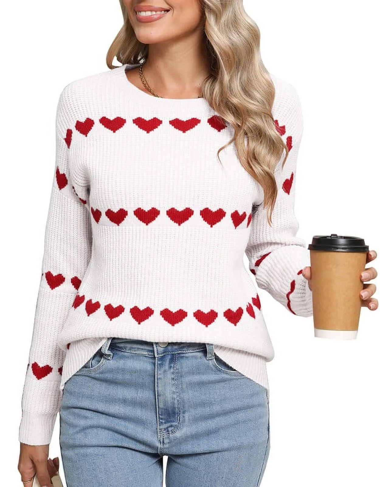 Heart Sweater for Women Valentine's Day Cute Crewneck Sweaters Casual Loose Lightweight Knit Pull... | Walmart (US)