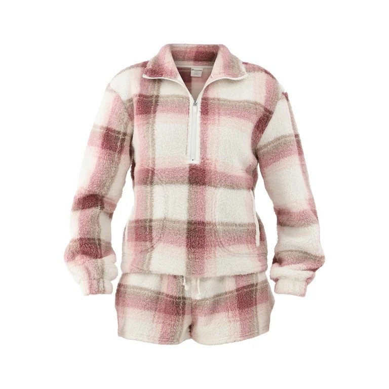 No Boundaries Half Zip Pullover and Shorts Plush Set, 2-Piece, Women's | Walmart (US)