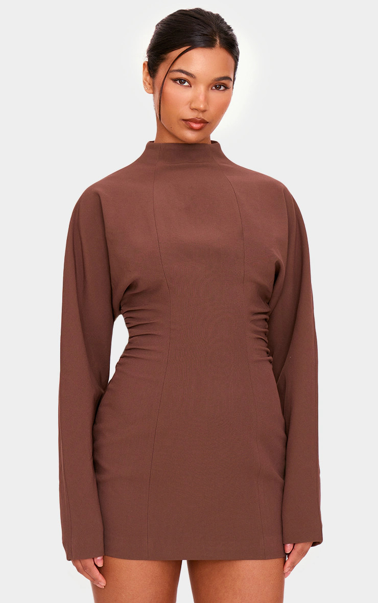 PLT Label Chocolate Batwing Sleeved Pleated Bodycon Dress | PrettyLittleThing US