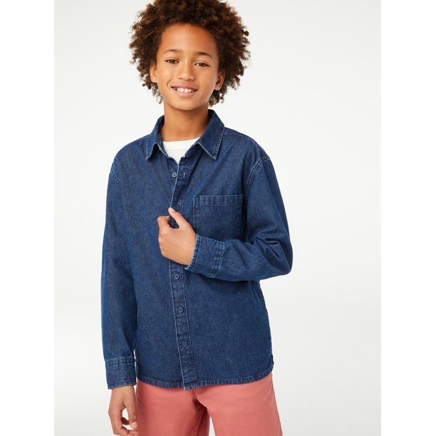 Free Assembly Boys Long Sleeve Button Down Denim Shirt, Sizes 4-18 - Walmart.com | Walmart (US)