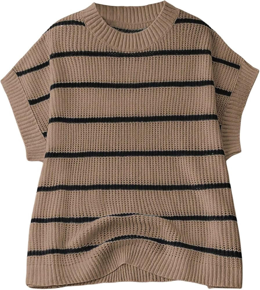 Verdusa Women's Plus Size Short Sleeve Sweater Vest Top Striped Oversized Sweater Vests | Amazon (US)