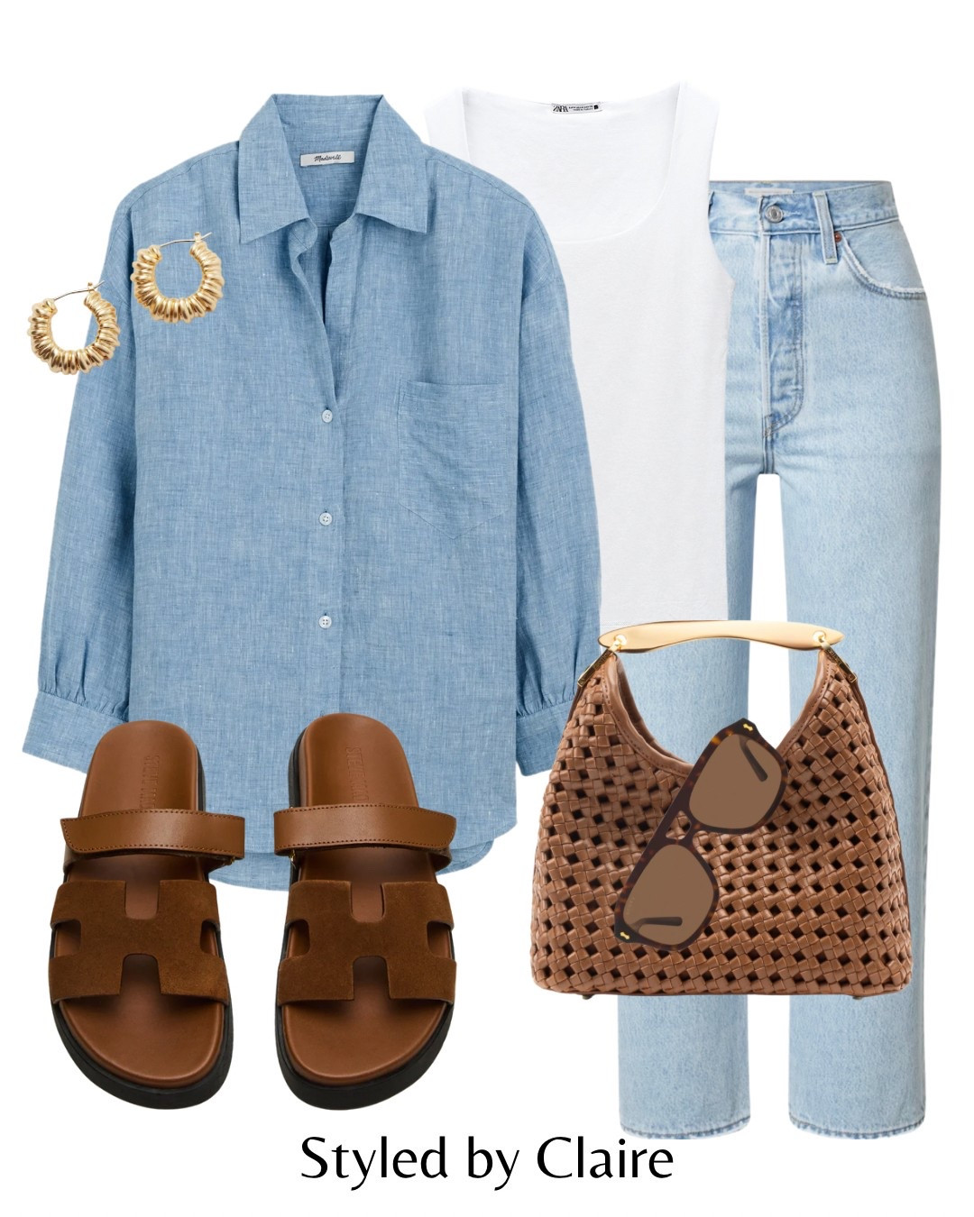 Baby blue & chestnut😮‍💨
Tags: linen oversized shirt Hermes style Steve Madden cypher sandals brown strap leather suede white vest top Zara Levi straight jeans cropped Elleme woven bag sunglasses fashion summer inspo outfit ideas chic women’s holiday vacation everyday brunch capsule wardrobe Dubai Barcelona Ibiza 

#LTKstyletip #LTKsummer
