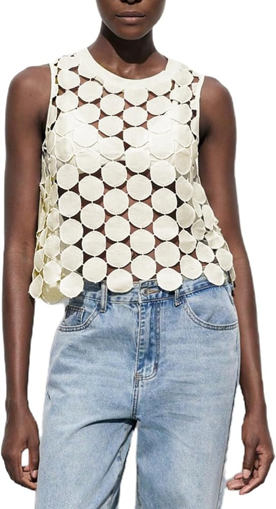Floerns Women's See Through Sleeveless Y2k Tank Top Crew Neck Vest Shirts | Amazon (US)
