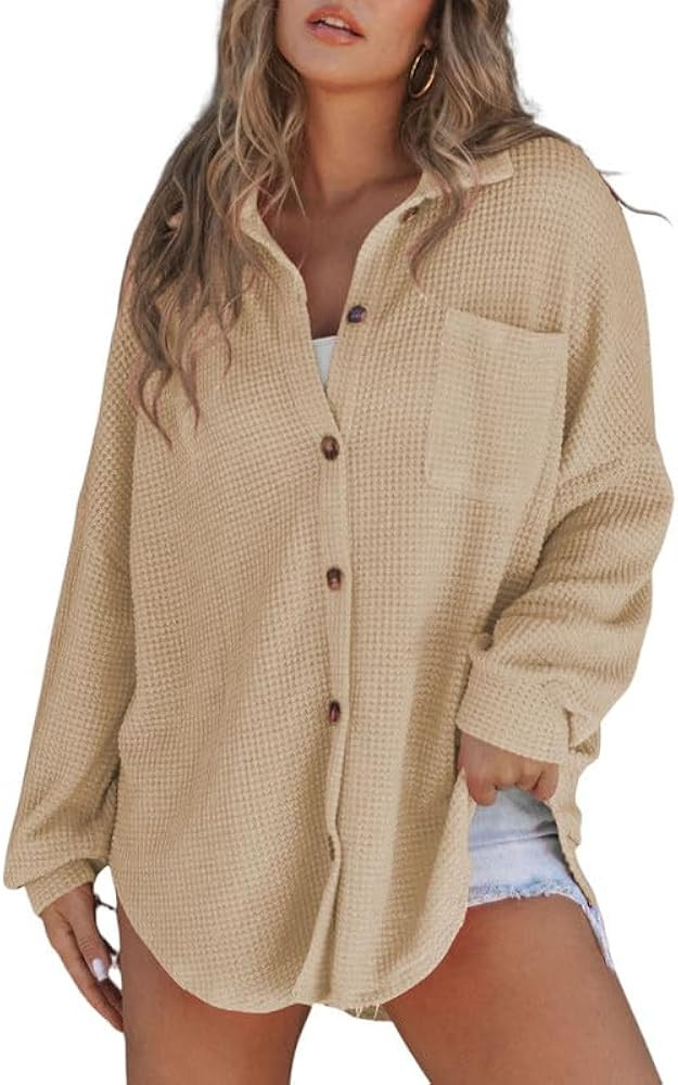 SHEWIN Women's Waffle Knit Button Down Shirts Casual Long Sleeve Shacket Jacket Boyfriend Tops Bl... | Amazon (US)
