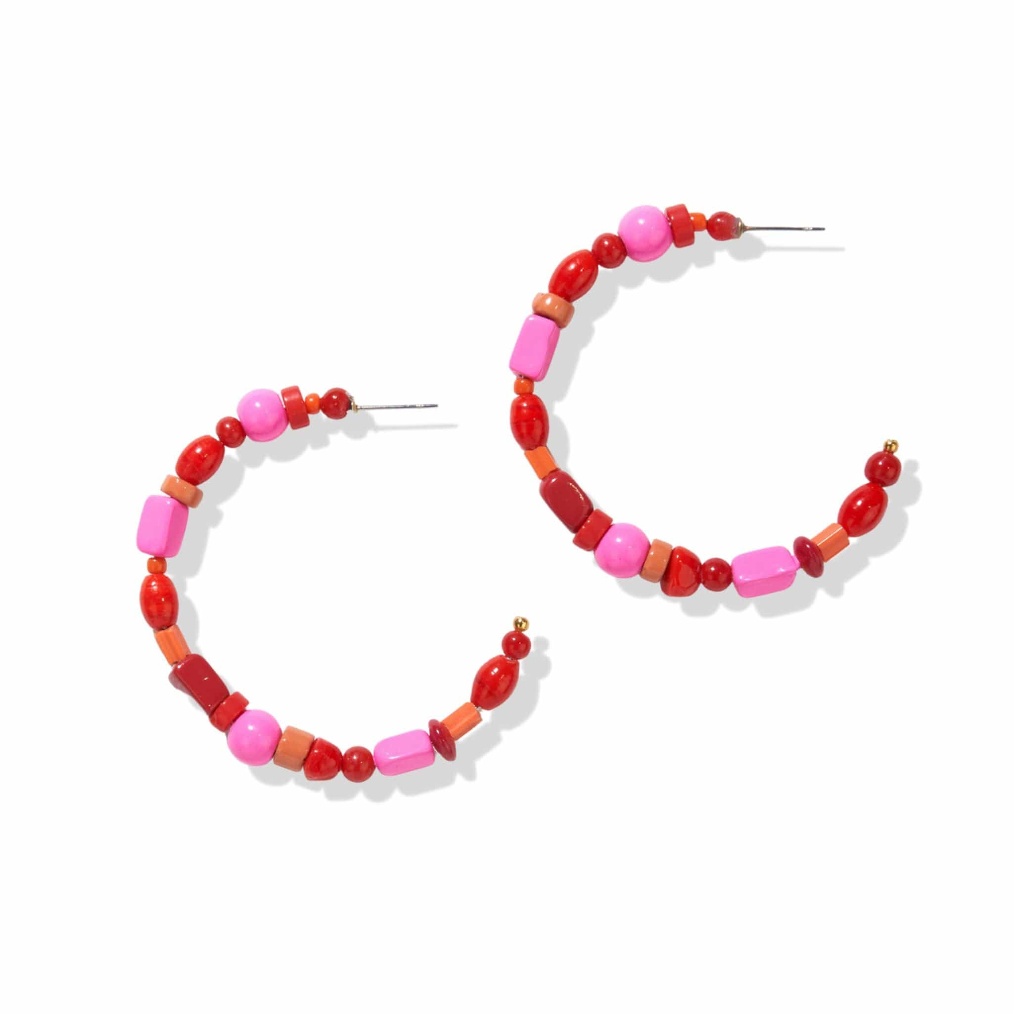 Mixed Beaded Hoop Earrings Red aned Hot Pink | INK+ALLOY