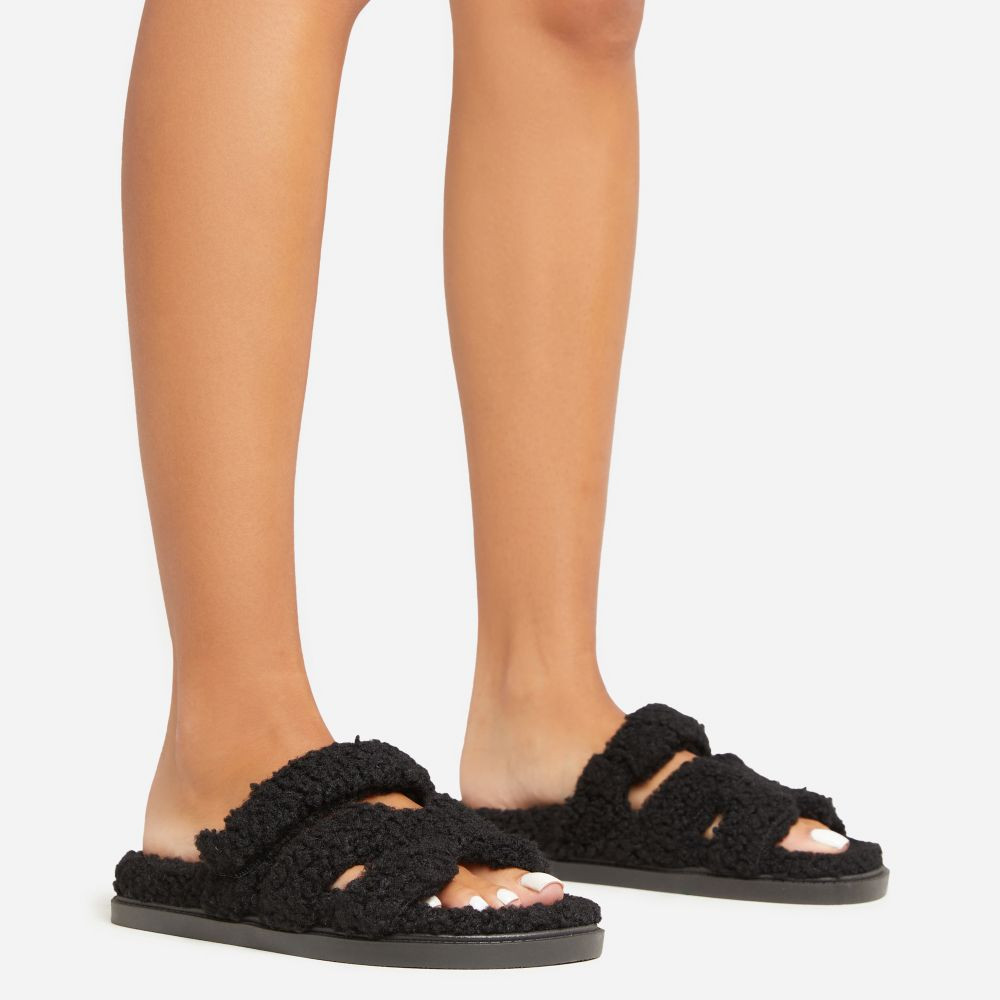 Bratitude Gladiator Velcro Strap Flat Slider Sandal In Black Faux Shearling | EGO (UK)