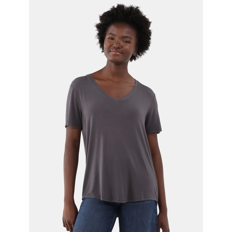 Time and Tru Women’s V-Neck Washed Tee with Short Sleeves, Sizes XS-XXXL | Walmart (US)