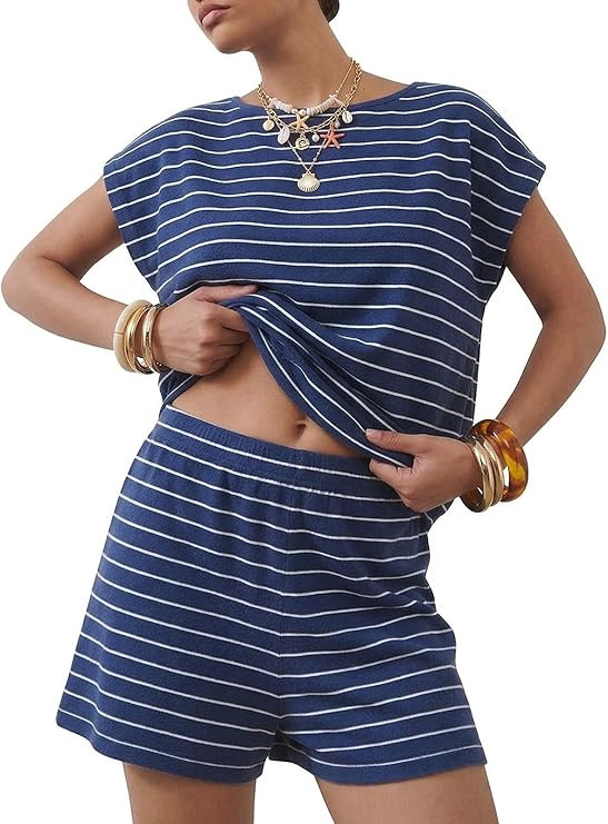 EXLURA Womens 2 Piece Sweater Sets Stripe Cap Sleeve Knit Tops Shorts Set Faux Cashmere Summer Be... | Amazon (US)