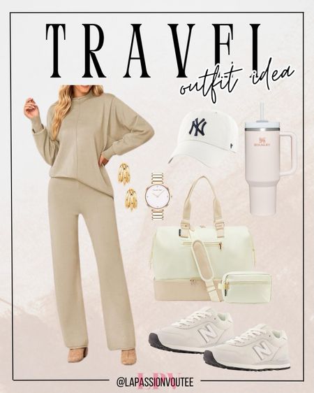 Travel in style and comfort with this chic outfit: a cozy sweater and wide-leg pants set, complemented by hoop earrings and a sleek watch. Top it off with a baseball cap, and carry a versatile duffel bag. Finish the look with comfortable sneakers for a perfect travel-ready ensemble.

#LTKStyleTip #LTKSeasonal #LTKTravel