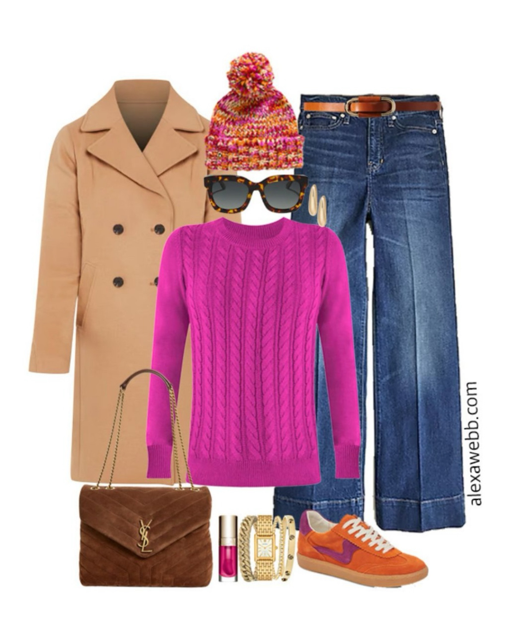 Plus Size Berry Sweater Outfits - A plus size casual outfit idea with a berry pink cable knit sweater. wide leg trouser jeans, a camel coat, and orange sneakers. Alexa Webb #plussize

#LTKStyleTip #LTKPlusSize #LTKSeasonal