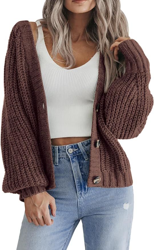 Zeagoo Women's 2023 Fall Chunky Knit Cardigans Open Front Long Sleeve V Neck Button Loose Cardiga... | Amazon (US)