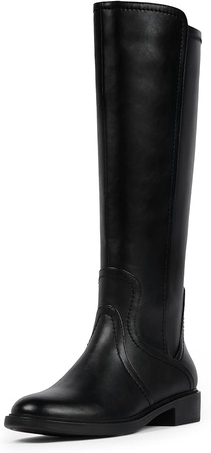 Knee High Boots Women Faux Leather Elastic Boots Low Heel Round Toe Side Zipper Fall Long Tall Bo... | Amazon (US)