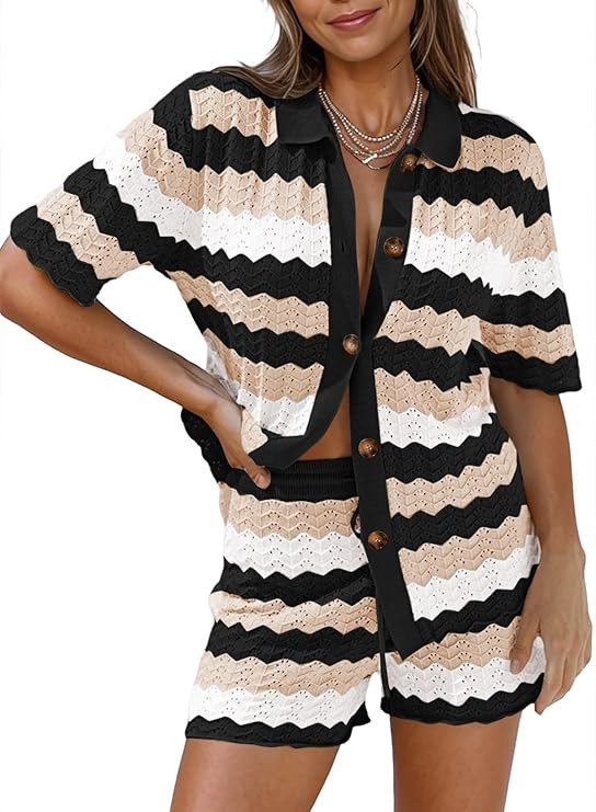 Pink Queen Women Knit Shorts Set 2 Piece Outfits Short Sleeve Button Down Sweater Top and Shorts ... | Amazon (US)