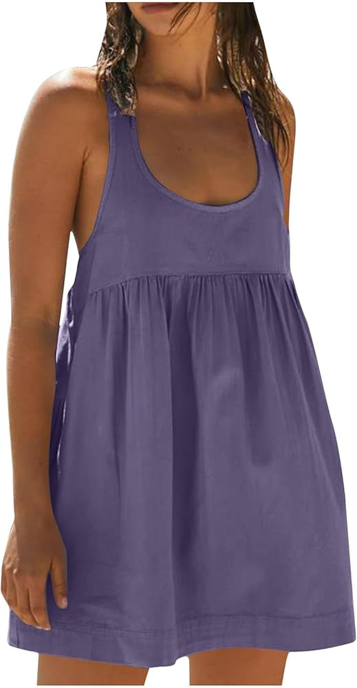 Dresses for Women 2024 Summer Pleated Flowy Athletic Dress Sleeveeless Round Neck Hot Shot Mini D... | Amazon (US)