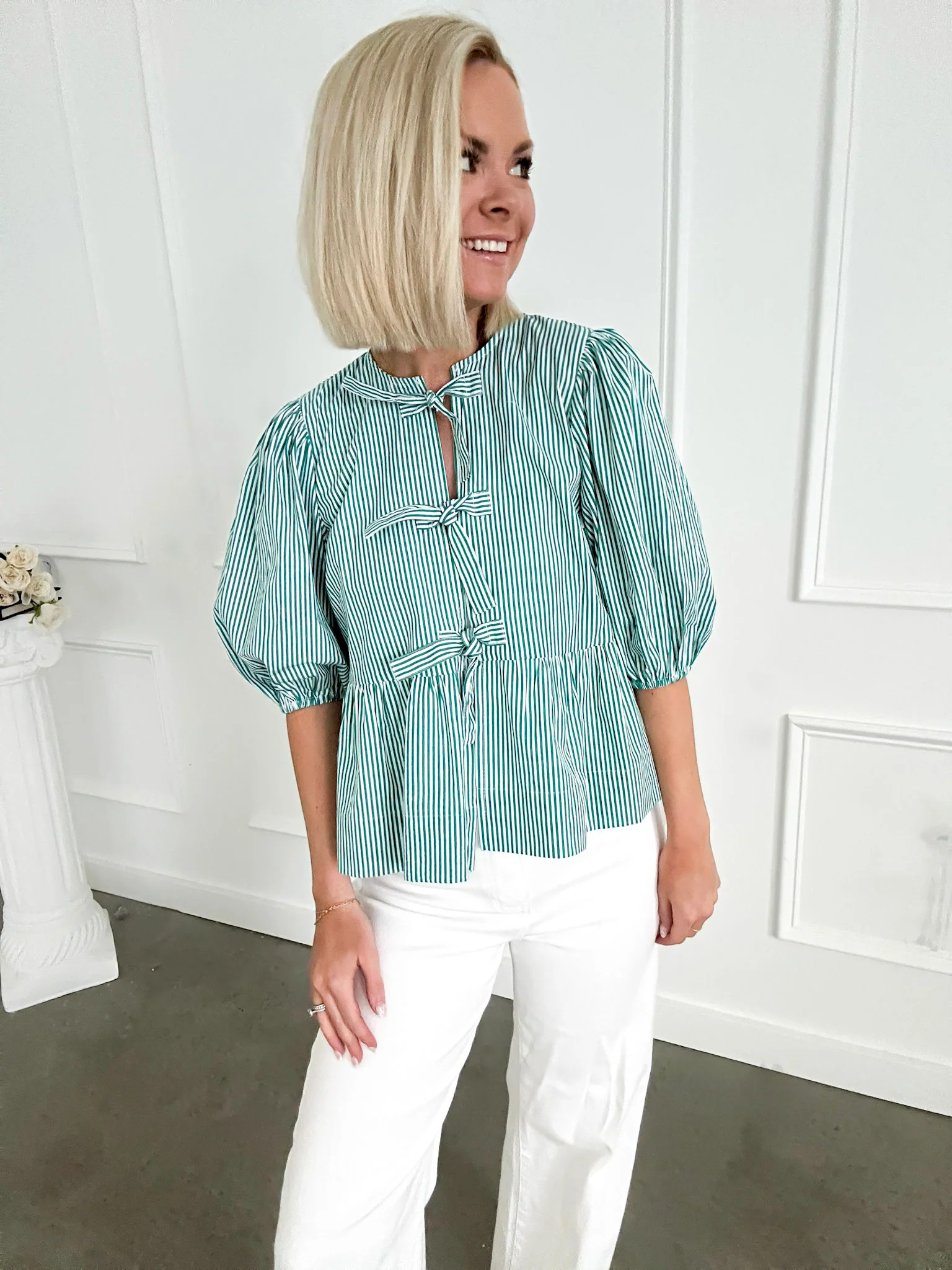 Lucky Clover Green Striped Bow Blouse | Flourish in Frills