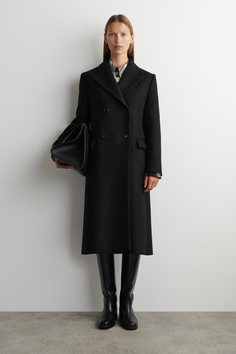 COS Women's Tailored Doublebreasted Wool Long Coat in Black | Wool/Nylon/Polyamide | Size: 14 | COS (AU)