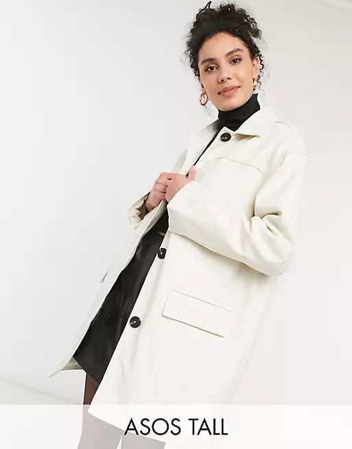 ASOS DESIGN Tall oversized faux leather quilt lined shacket in cream | ASOS (Global)