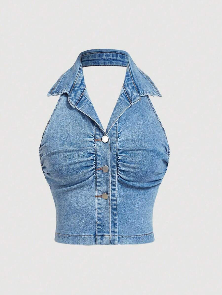 Comfortcana Women's Plus Size Denim Crop Top, Casual Sleeveless Halter Neck Button Front Collared... | SHEIN