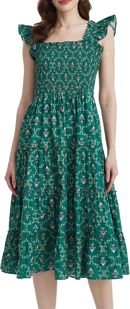 LifeShe Women Summer Floral Midi Flowy Dress Square Neck Smocked Flutter Sleeve Tiered Beach Boho... | Amazon (US)