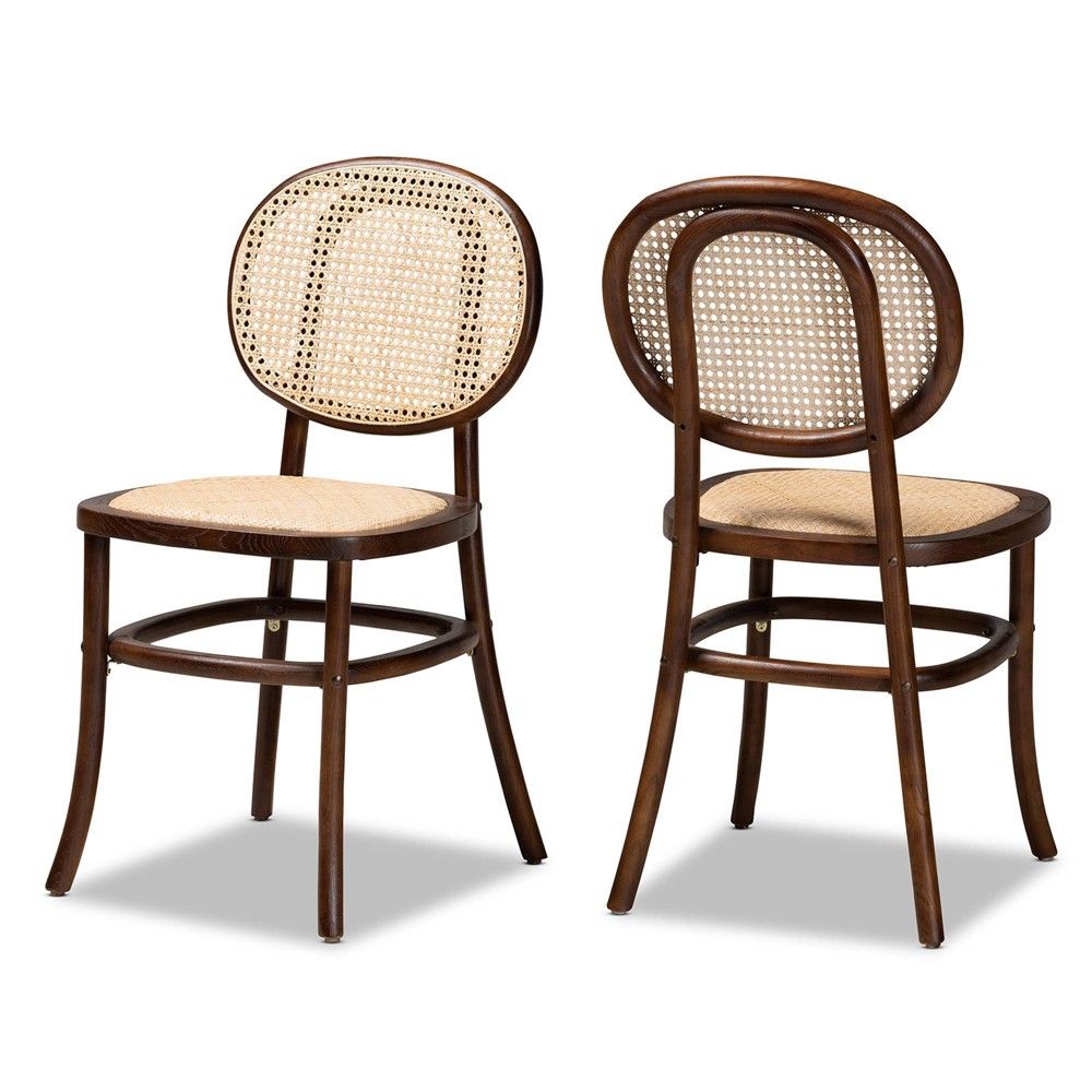 2pc Garold Woven Rattan and Wood Cane Dining Chair Set Brown/Walnut Brown - Baxton Studio | Target